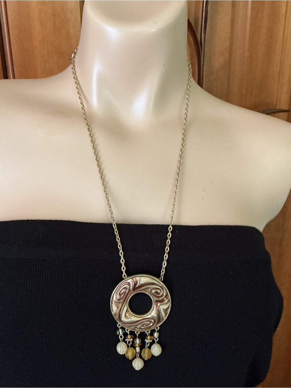 Gold Tone Slide Pendant Necklace with Bead Drops